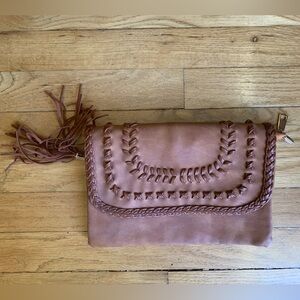 Faux Suede Braided Clutch in Camel/Brown